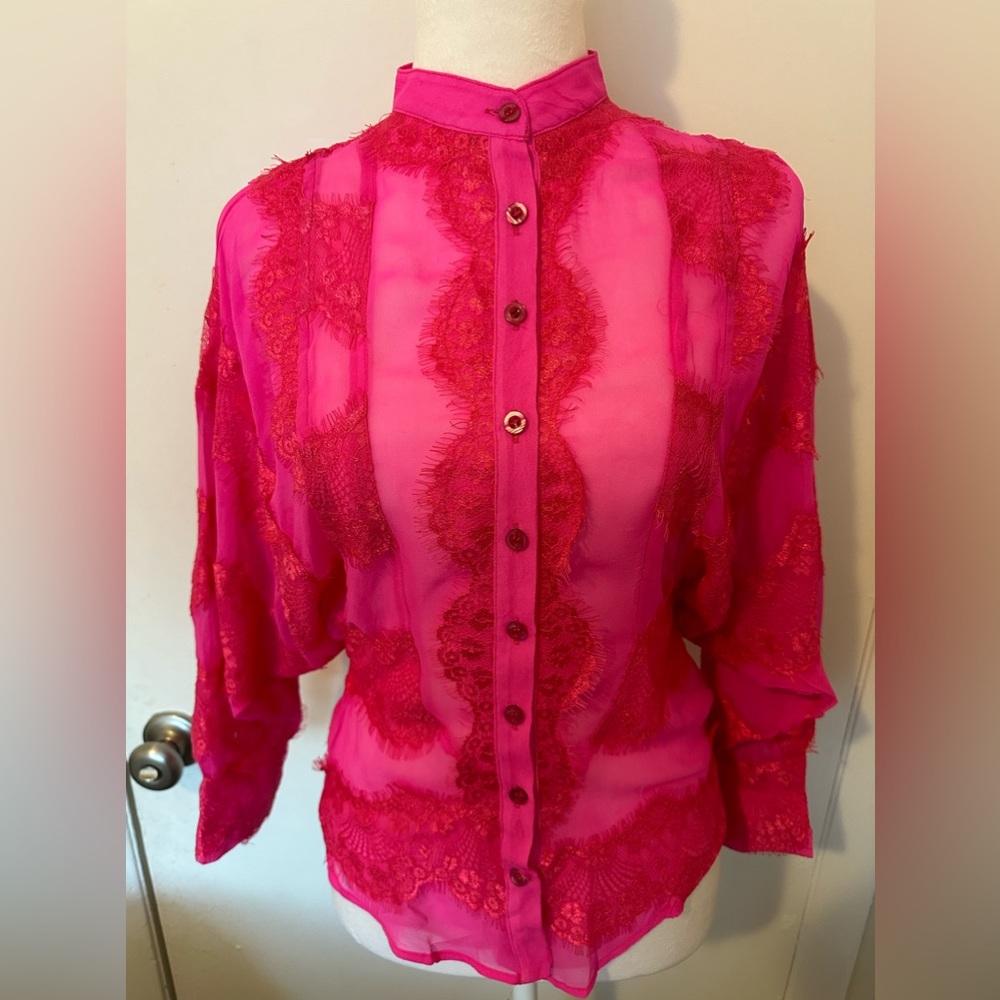 Pink lace, silk and seude shirt. Long sleeve. Pre- owned in excellent condition.